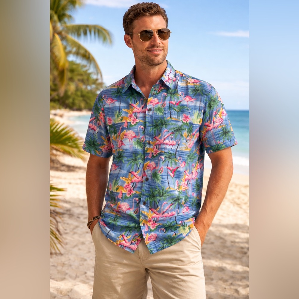 Simons Blue Flamingo Print Casual Shirt